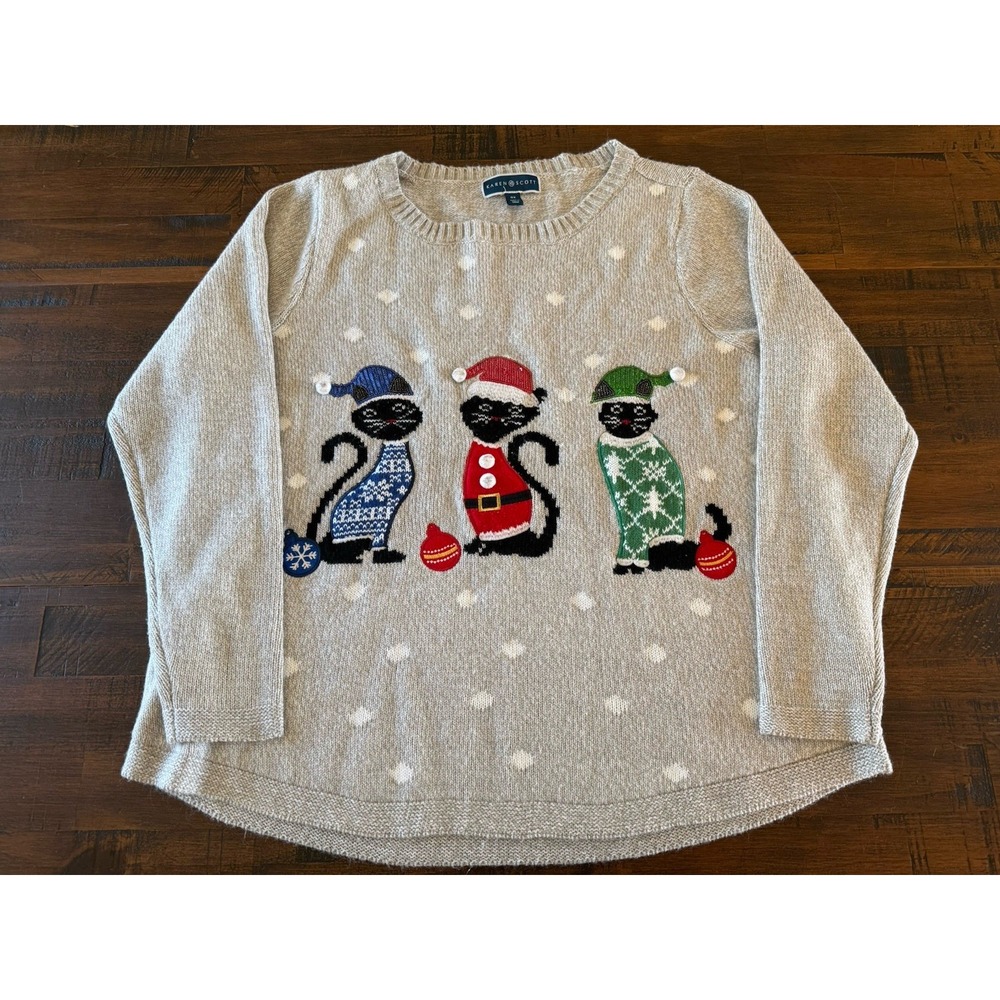 Karen Scott Women's Plus 0X Cats Graphic Knit Holiday Gray Grey Ugly Sweater EUC